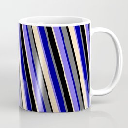 [ Thumbnail: Vibrant Dim Grey, Dark Blue, Medium Slate Blue, Tan & Black Colored Striped Pattern Coffee Mug ]