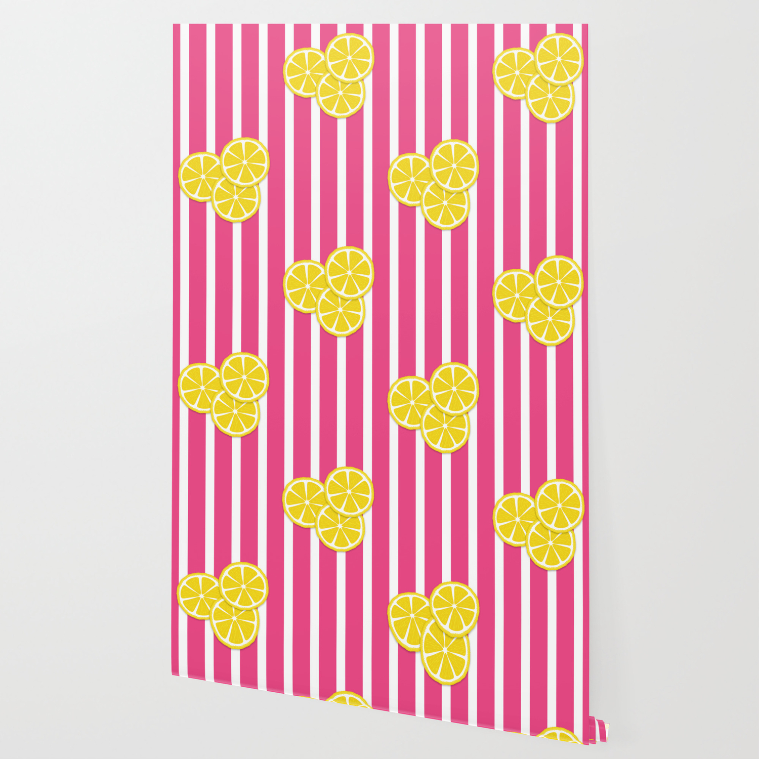 Lemon Slices On Hot Pink Stripes Wallpaper By Fischerfinearts