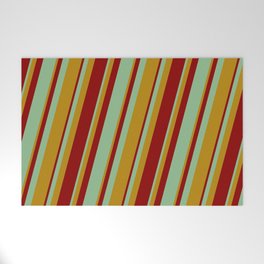 [ Thumbnail: Dark Goldenrod, Dark Red & Dark Sea Green Colored Lined/Striped Pattern Welcome Mat ]