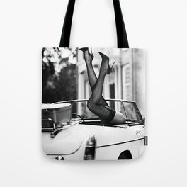 Head over heels stockings and lace high heel female model portrait black and white photograph - photography - photographs Tote Bag