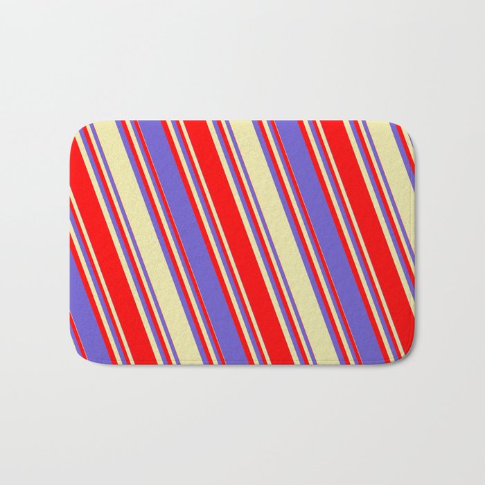 Red, Slate Blue, and Pale Goldenrod Colored Lined/Striped Pattern Bath Mat