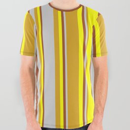 [ Thumbnail: Goldenrod, Light Gray, Sienna, and Yellow Colored Stripes Pattern All Over Graphic Tee ]