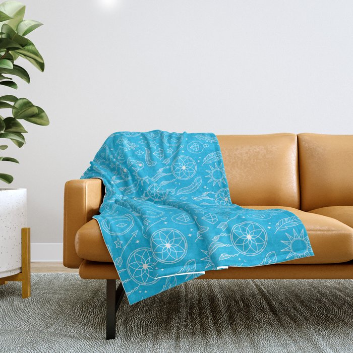 Turquoise And White Hand Drawn Boho Pattern Throw Blanket