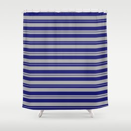 [ Thumbnail: Dark Gray & Midnight Blue Colored Pattern of Stripes Shower Curtain ]