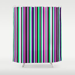 [ Thumbnail: Eye-catching Green, Lavender, Indigo, Hot Pink & Black Colored Lines/Stripes Pattern Shower Curtain ]
