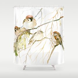 Sparrows on Tree, sparrow bird art decor brown Shower Curtain | Brownbirds, Design, Sparrowbirdart, Bird, Nature, Painting, Birdpainting, Birds, Ink, Browndesign 