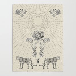 CHEETAH BLOOM Minimalist Modern and Vintage Illustration Design of a Cool Artsy Geometric Wildcat Floral Sun Poster