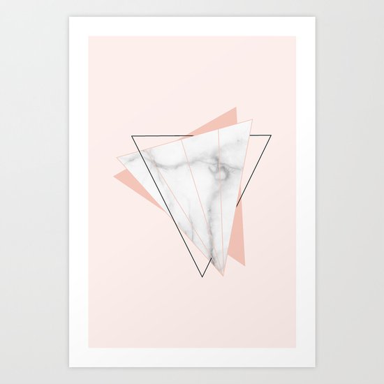 White Marble Geometric Triangle Shapes Salmon Pink Art Print