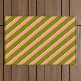 [ Thumbnail: Light Salmon, Green & Tan Colored Striped Pattern Outdoor Rug ]