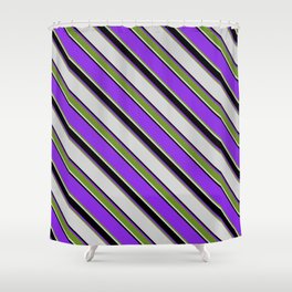 [ Thumbnail: Purple, Green, Light Gray & Black Colored Lines/Stripes Pattern Shower Curtain ]