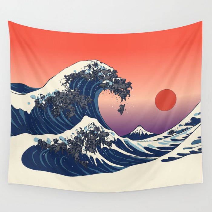 The Great Wave of Black Pug Wall Tapestry by huebucket ...