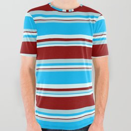 [ Thumbnail: Powder Blue, Deep Sky Blue, Light Cyan & Dark Red Colored Stripes Pattern All Over Graphic Tee ]