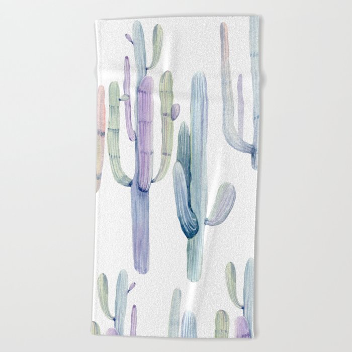 Minimalist Cactus Drawing Watercolor Painting Turquoise Cacti Beach Towel