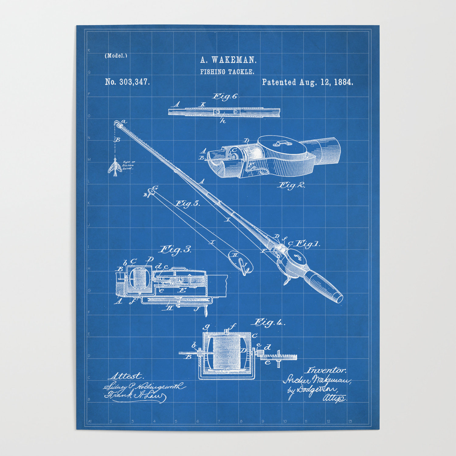 FLY FISHING ROD REEL US PATENT TECHNICAL DRAWING REAL CANVAS FISH ART PRINT 