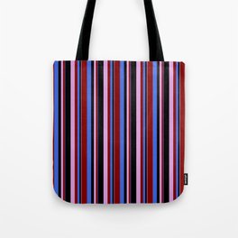 [ Thumbnail: Royal Blue, Maroon, Plum, and Black Colored Striped/Lined Pattern Tote Bag ]