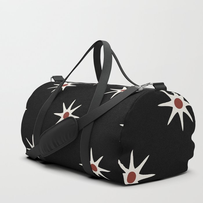 Atomic mid century retro star flower pattern in black background Duffle Bag