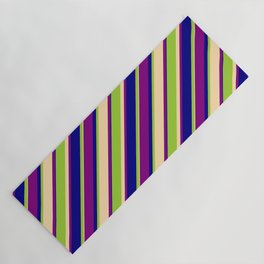 [ Thumbnail: Green, Tan, Purple & Blue Colored Lined Pattern Yoga Mat ]