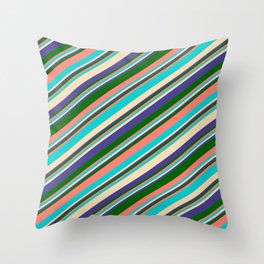 [ Thumbnail: Colorful Salmon, Dark Turquoise, Tan, Dark Slate Blue & Dark Green Colored Lines/Stripes Pattern Throw Pillow ]