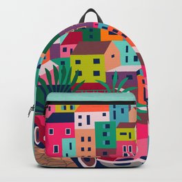 Cinque Terre  Backpack | Pastelhouses, Vernazza, Vintagecar, Graphite, Manarola, Summer, Cinqueterre, Digital, Colourful, Ocean 