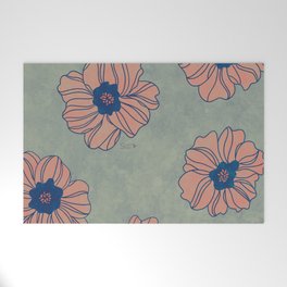  Pink and Blue Jumbo Size Flowers on a Green Wavy Background Welcome Mat