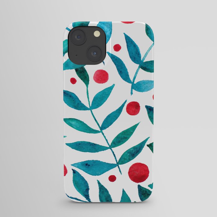 Watercolor berries and branches - turquoise and red iPhone Case