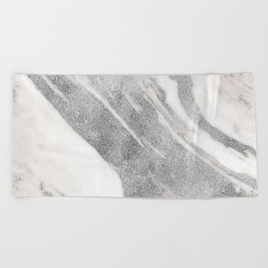 Marble - Silver Glitter on White Metallic Marble Pattern Beach Towel