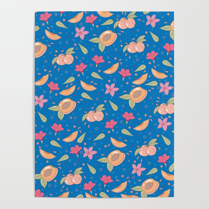 Peaches , Flowers and Leaves Pattern  on Blue Poster