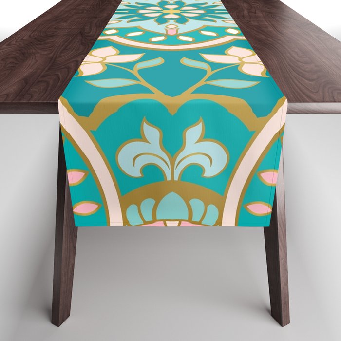 Ornamental Ethnic Bohemian Pattern IV Golden Green Table Runner