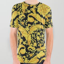 Black Gold Leaf Swirl All Over Graphic Tee