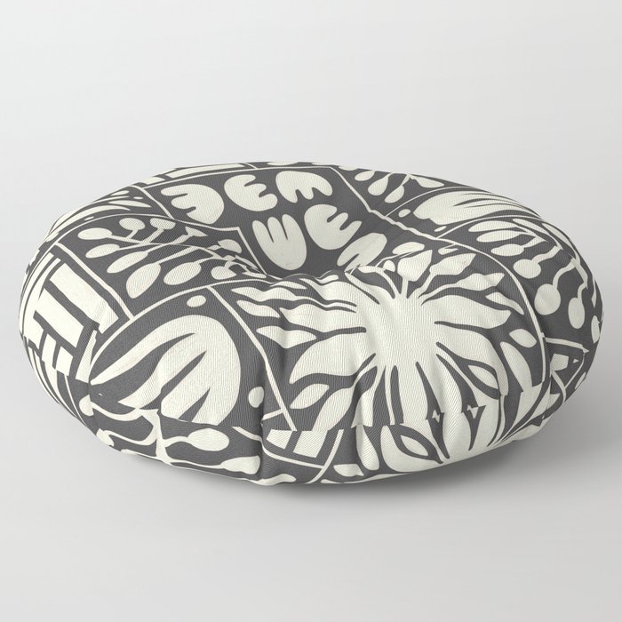 Stylized Floral Patchwork in Off White and Spade Black | Hand Drawn Pattern Floor Pillow