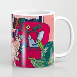 Ginger Cat in Embroidered Red Armchair with Staffordshire Spaniel in Book-Lined Room Interior Painting Coffee Mug