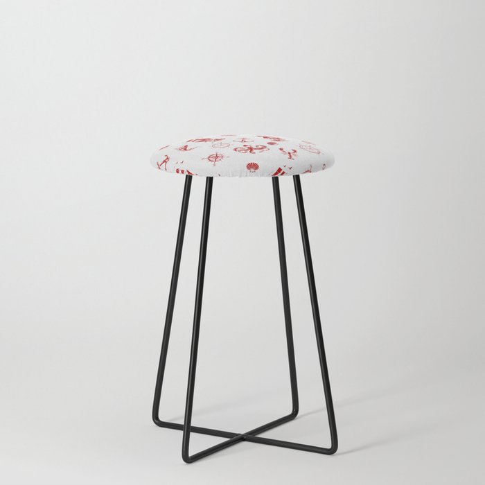 Red Silhouettes Of Vintage Nautical Pattern Counter Stool