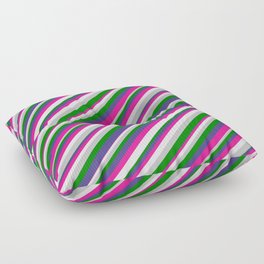 [ Thumbnail: Eye-catching Dark Slate Blue, Deep Pink, Lavender, Grey, and Green Colored Striped/Lined Pattern Floor Pillow ]