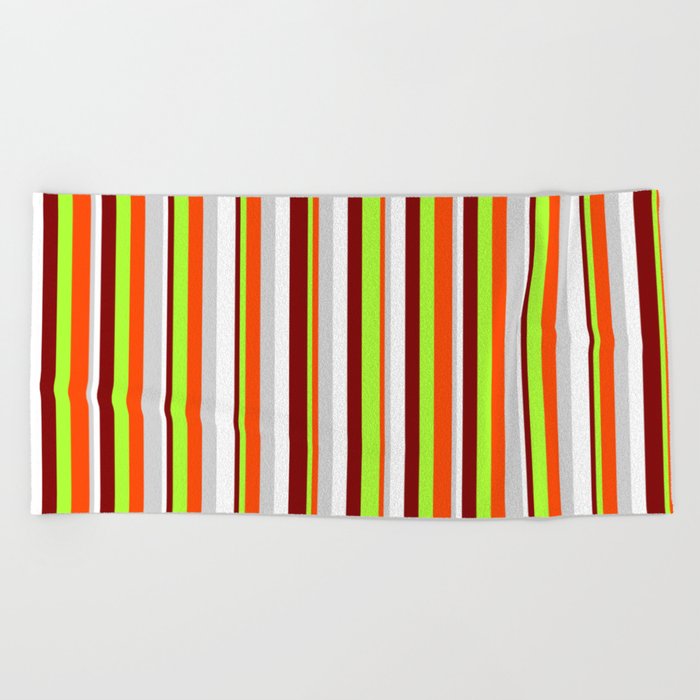 Eye-catching Maroon, Light Green, Red, Light Gray, and White Colored Stripes/Lines Pattern Beach Towel