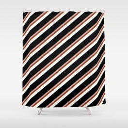 [ Thumbnail: Eye-catching Goldenrod, Plum, Brown, White & Black Colored Stripes Pattern Shower Curtain ]