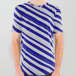 [ Thumbnail: Light Grey and Dark Blue Colored Lines Pattern All Over Graphic Tee ]