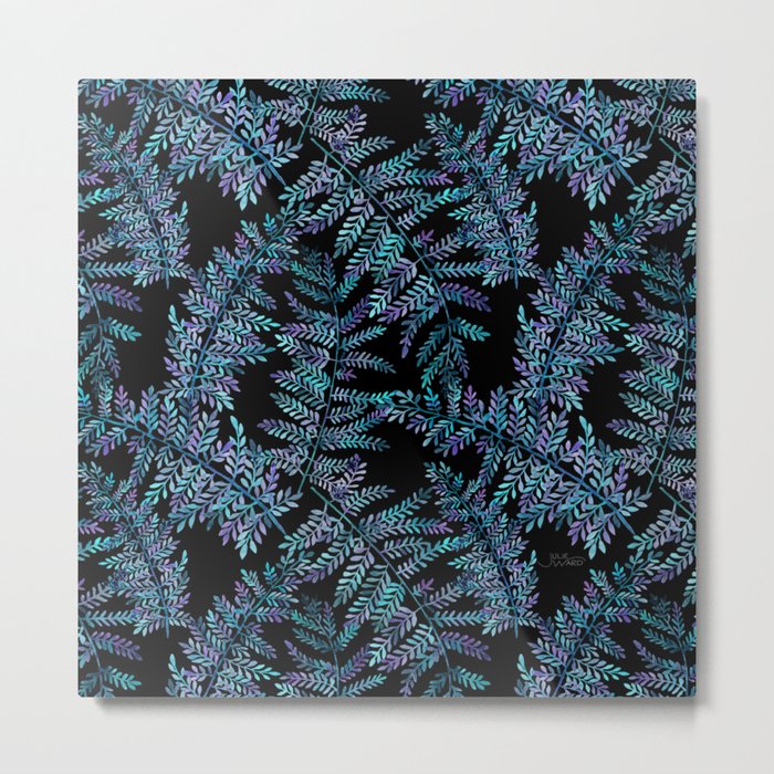 Watercolor Ferns Pattern - Turquoise & Purple on Black Metal Print