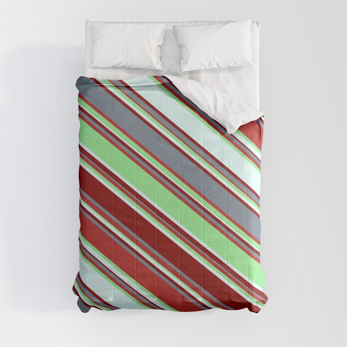 Eyecatching Light Green, Light Cyan, Maroon, Slate Gray, and Red Colored Lines Pattern Comforter