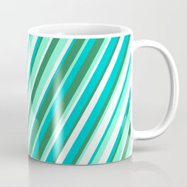 [ Thumbnail: Dark Turquoise, Sea Green, Aquamarine, and Mint Cream Colored Striped/Lined Pattern Coffee Mug ]