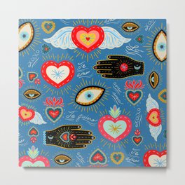 Milagro love hearts - blue Metal Print | Mexicana, Evil Eye, Southwestern, Symbols, Phrases, Heart, Typography, Sacredheart, Halloween, Sacred Heart 