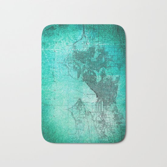 Turquoise Seattle Map Design Bath Mat