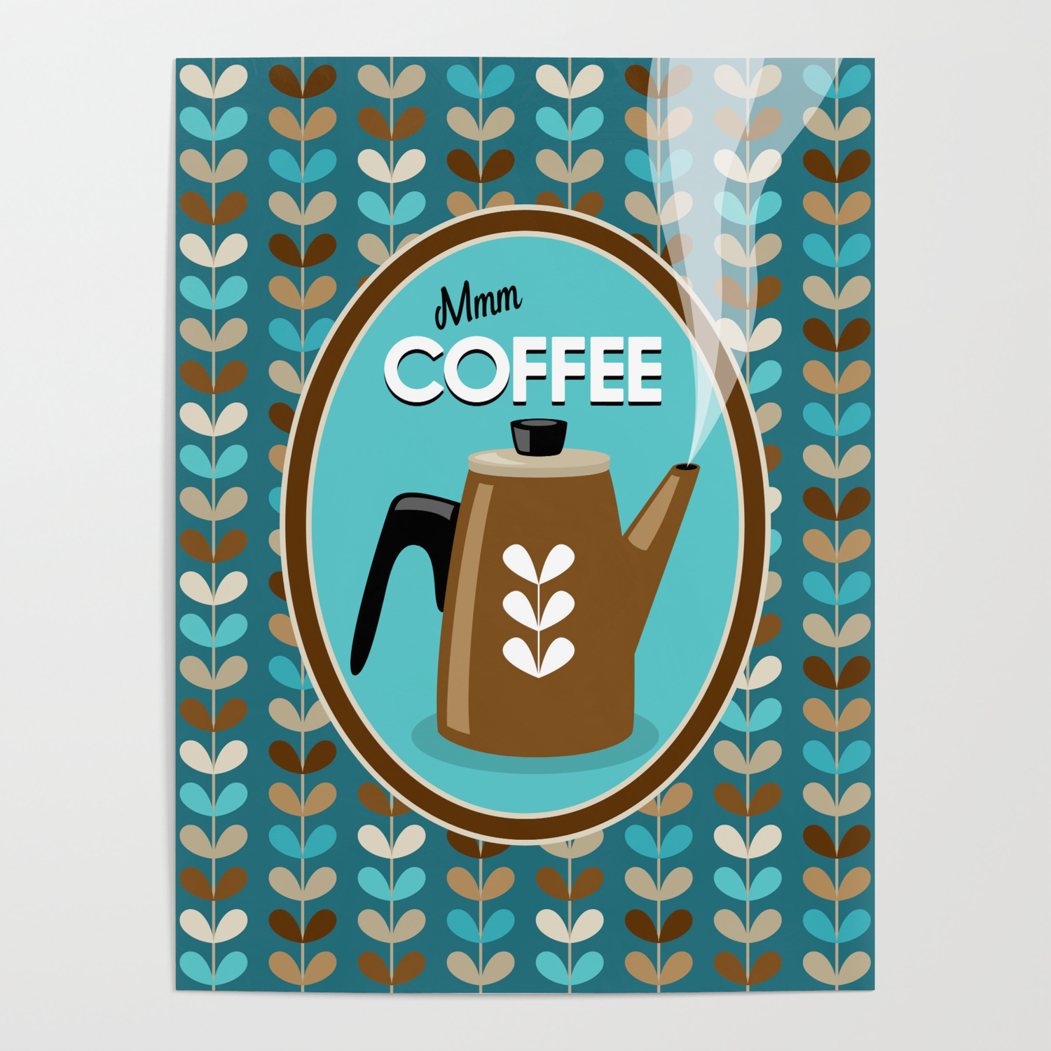 Mid Century Modern Coffee Kettle Kitchen Wall Decor // Caribbean Blue,  Turquoise, Brown, Khaki, Tan Poster