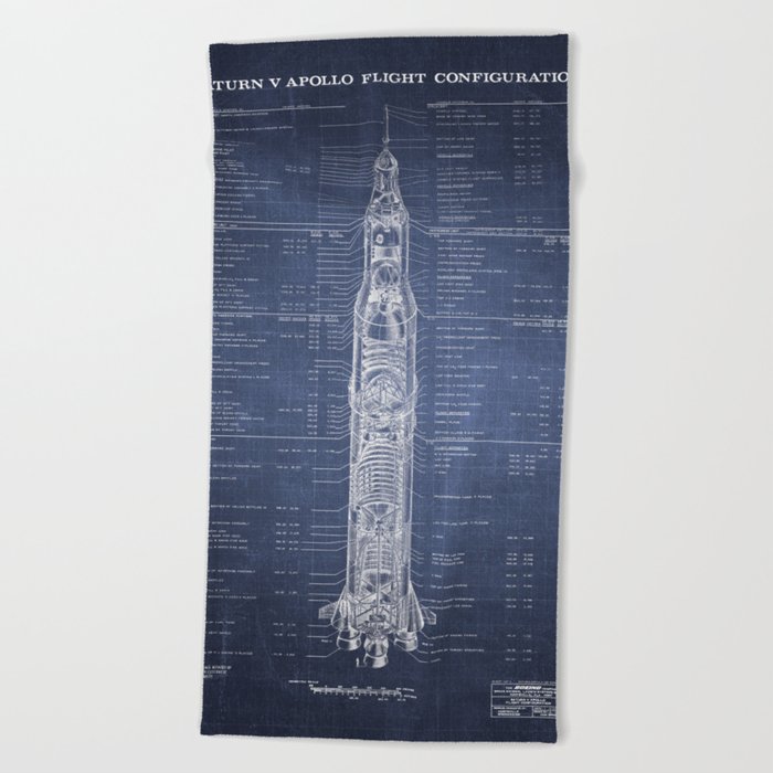Apollo 11 Saturn V Blueprint in High Resolution (dark blue) Beach Towel