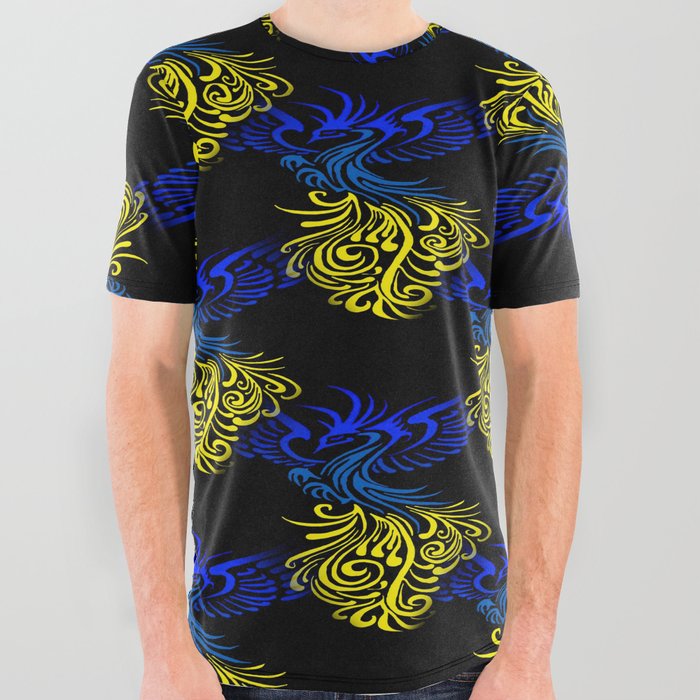 Blue Yellow Artistic Phoenix Illustration Repeat Pattern On Black All Over Graphic Tee
