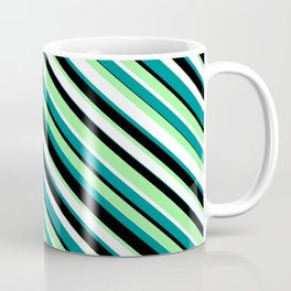 [ Thumbnail: Green, White, Dark Cyan & Black Colored Striped/Lined Pattern Coffee Mug ]