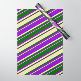 [ Thumbnail: Pale Goldenrod, Dark Green & Dark Violet Colored Lined Pattern Wrapping Paper ]