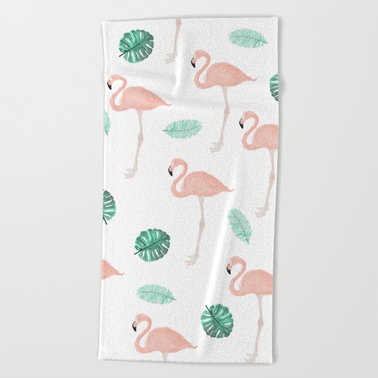 Hand painted pastel pink flamingo tropical leaf watercolor pattern Beach Towel