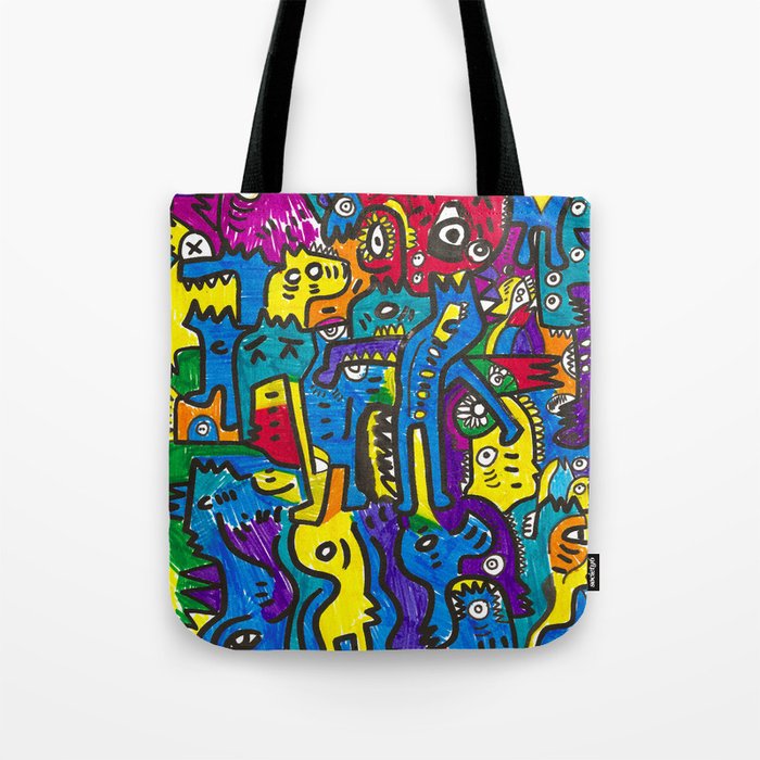 Joyful and Colorful Graffiti Creatures Felt Pen on Paper Tote Bag