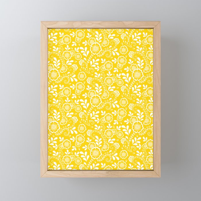 Yellow And White Eastern Floral Pattern Framed Mini Art Print
