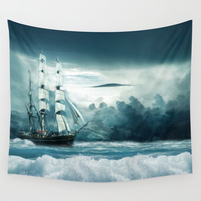 Blue Ocean Ship Storm Clouds Wall Tapestry